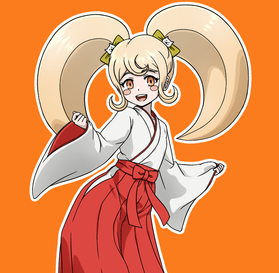 blonde_hair danganronpa_(series) danganronpa_2:_goodbye_despair delta_r9 green_ribbon japanese_clothes miko orange_background orange_eyes ribbon saionji_hiyoko smile twintails