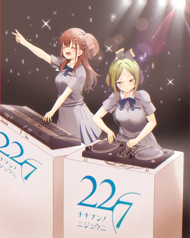 22/7 2girls :d ^_^ arm_up belt blue_belt blue_bow blue_bowtie blue_dress boku_wa_sonzai_shiteinakatta bow bow_hairband bowtie brown_bow brown_hair closed_eyes dj dress green_eyes green_hair group_name hair_bow hair_ornament hairband headphones high_ponytail hitorilily instrument keyboard_(instrument) kiryu_touko lens_flare light_particles long_hair looking_ahead multiple_girls music open_mouth parted_bangs phonograph playing_instrument ponytail sera_honoka short_sleeves smile sparkle stage_lights standing turntable two-tone_bow two-tone_hairband two_side_up v