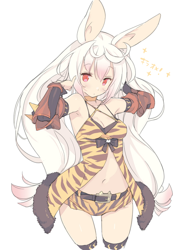 1girl adjusting_hair animal_ears animal_print arched_back armor babydoll belt blade_(galaxist) bow breasts choker cleavage female_focus fur_trim gradient_hair kirara_ookami long_hair looking_at_viewer low-tied_long_hair multicolored_hair navel pink_hair pop-up_story rabbit_ears rabbit_girl red_eyes ribbon short_shorts shorts simple_background solo thighhighs tiger_print very_long_hair white_background white_hair