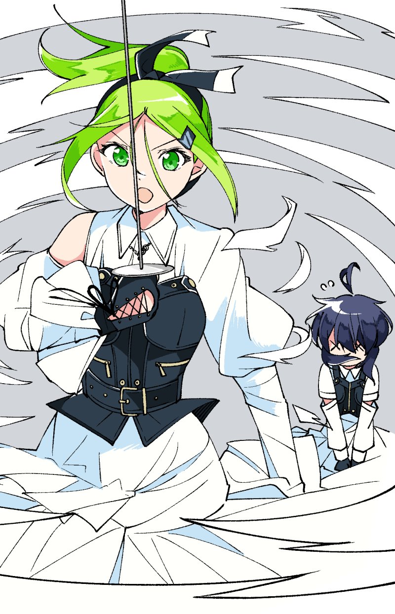 22/7 2girls belt belt_buckle black_belt black_gloves black_hair bodice bow bow_hairband buckle dress epee fencing floating_hair flying_sweatdrops gloves green_eyes green_hair grey_background hair_bow hair_ornament hairband hairclip high_ponytail highres holding holding_sword holding_weapon kiryu_touko long_sleeves looking_at_object multiple_girls open_mouth parted_bangs ponytail rock_wa_shinanai short_hair simple_background standing sword takigawa_miu trefle_r two-tone_bow two-tone_hairband v-shaped_eyebrows v_arms weapon white_dress