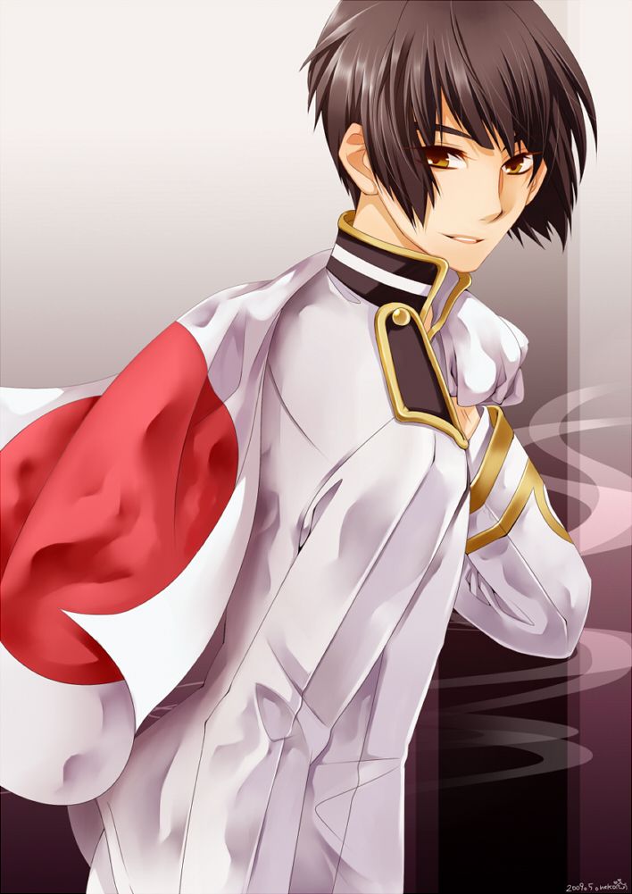 00s 1boy axis_powers_hetalia black_hair brown_eyes flag japan japan_(hetalia) japanese_flag looking_back male_focus military military_uniform neko_(natsuiroclassic) short_hair smirk solo