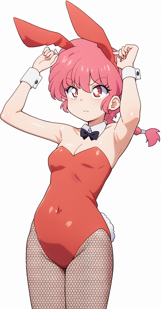 1girl animal_ears armpits black_bow black_bowtie blue_sky bow bowtie braid braided_ponytail breasts cleavage closed_mouth cloud commentary covered_navel detached_collar fake_animal_ears fishnet_pantyhose fishnets furrowed_brow highres leotard low_ponytail medium_breasts odochi_(1or8) pantyhose playboy_bunny ponytail rabbit_ears rabbit_pose rabbit_tail ranma-chan ranma_1/2 red_eyes red_hair red_leotard simple_background sky solo tail third-party_edit third-party_extraction upturned_eyes v-shaped_eyebrows wavy_mouth white_background wrist_cuffs