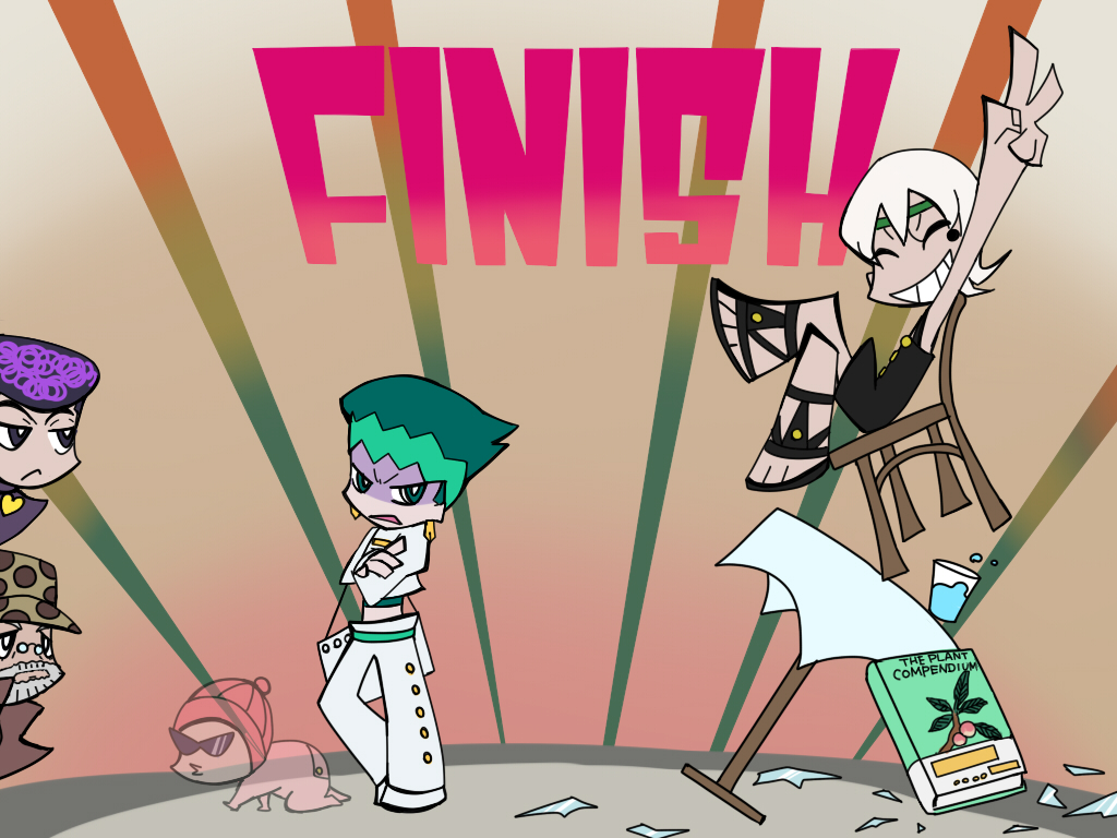1girl 4boys baby beard book facial_hair frown gakuran hat headband higashikata_josuke jojo_no_kimyou_na_bouken joseph_joestar joseph_joestar_(old) kishibe_rohan multiple_boys oyanagi_ken panty_&amp;_stocking_with_garterbelt parody pompadour sandals school_uniform see-through_clothes shaded_face shizuka_joestar style_parody sunglasses ukihashi