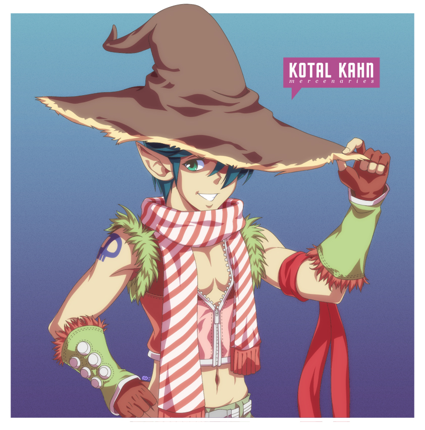1boy armband blue_background blue_hair border brown_gloves brown_hat cokeboy commentary commission crop_top english_commentary fingerless_gloves fur-trimmed_gloves fur-trimmed_shirt fur_trim gloves green_eyes green_gloves grin hair_over_one_eye hat looking_at_viewer male_focus pink_scarf pink_shirt ragnarok_online scarf shirt short_hair sleeveless sleeveless_shirt smile sniper_(ragnarok_online) solo striped_clothes striped_scarf two-tone_gloves two-tone_shirt upper_body white_border white_scarf witch_hat