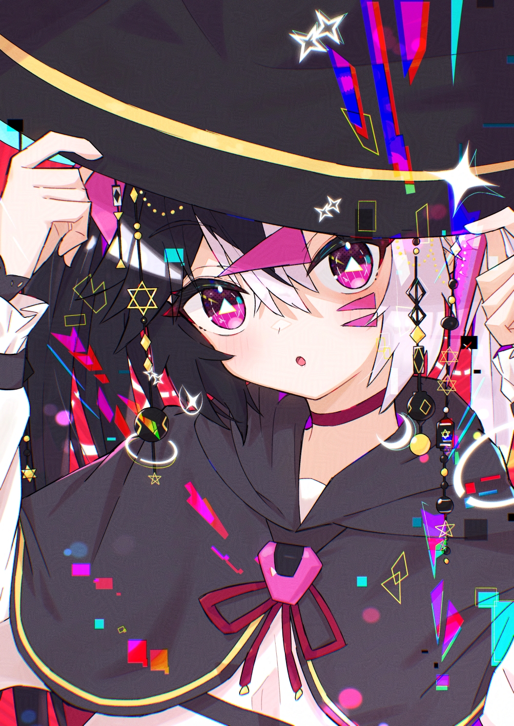 1girl :o aramedraw arms_up black_capelet black_hair black_hat blush capelet choker commentary frilled_sleeves frills grey_hair hair_between_eyes hat highres long_sleeves looking_at_viewer multicolored_hair open_mouth original pink_eyes red_choker shirt short_hair solo symbol-shaped_pupils triangle-shaped_pupils two-tone_hair upper_body white_shirt witch_hat