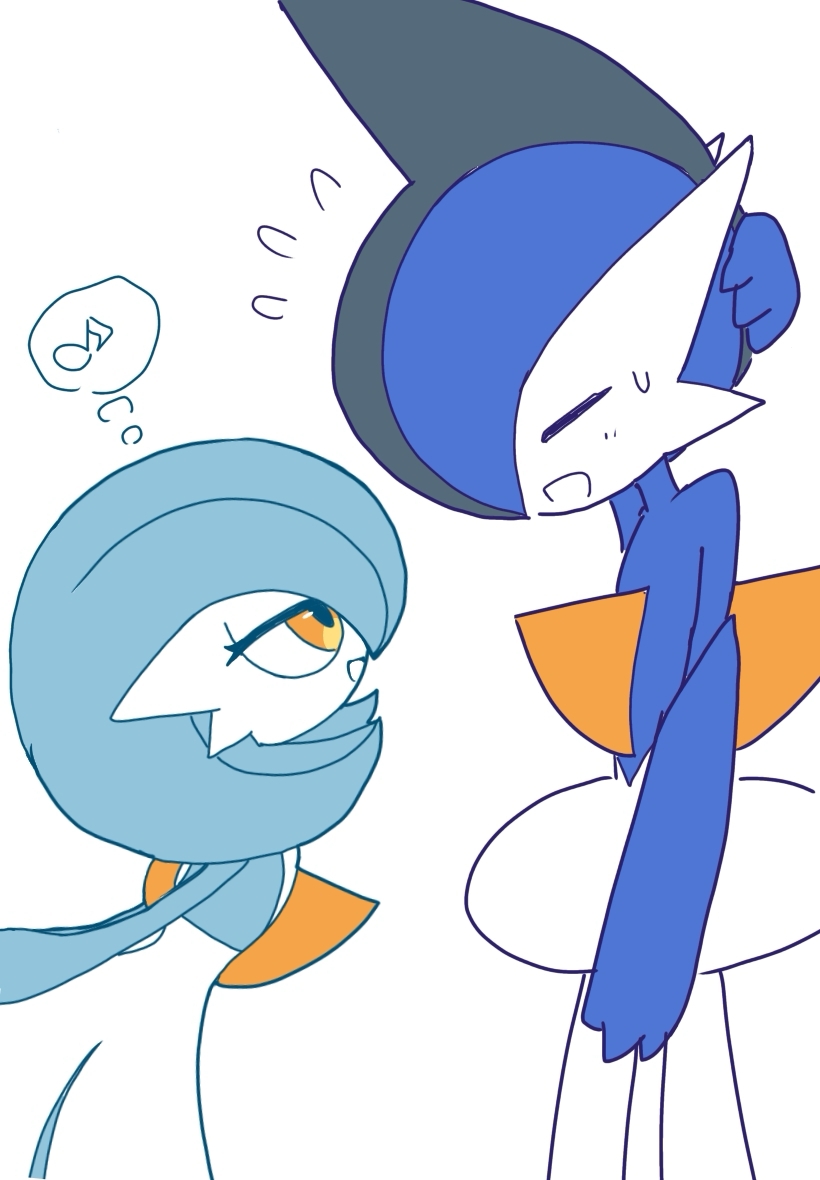 1boy 1girl =_= alternate_color arm_at_side arm_behind_head arm_up arms_behind_back blue_hair blue_skin bob_cut closed_eyes colored_skin facing_another flat_chest flat_color flying_sweatdrops from_side gallade gardevoir gen_3_pokemon gen_4_pokemon grey_hair hair_over_one_eye half-closed_eyes happy height_difference leaning_forward looking_at_another mohawk monya multicolored_hair multicolored_skin musical_note nervous_smile nintendo one_eye_covered open_mouth orange_eyes pokemon pokemon_(creature) profile scratching_head shiny_pokemon short_hair simple_background smile speech_bubble spoken_musical_note sweat thought_bubble two-tone_hair two-tone_skin white_background white_skin