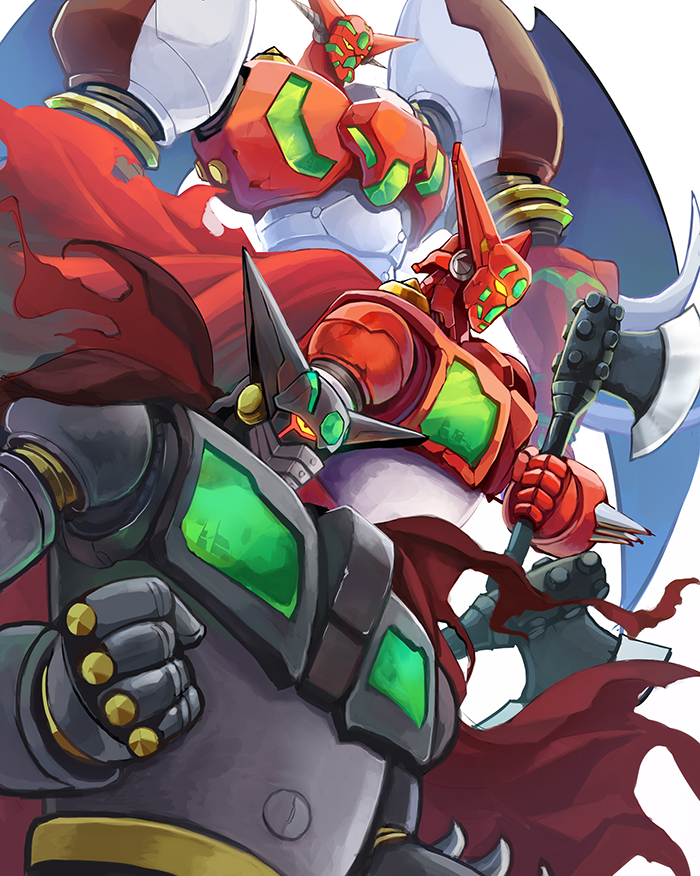 axe black_getter cape clenched_hand getter-1 getter_robo goushou holding holding_weapon mecha no_humans robot shin_getter-1 shin_getter_robo super_robot weapon white_background wings