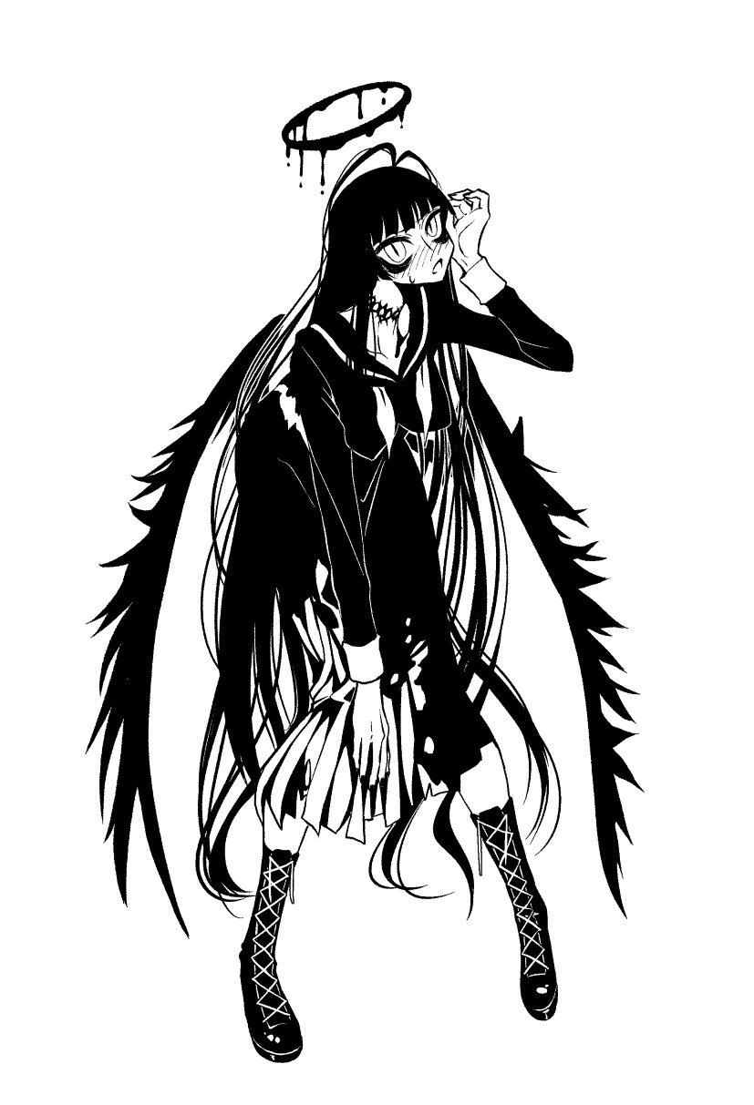 1girl antenna_hair bags_under_eyes blue_archive blunt_bangs blush boots breasts byackopath_(artist) commentary_request full_body furrowed_brow greyscale halo hand_up head_tilt highres houkago_play hunched_over impossible_clothes impossible_shirt knee_boots kurosaki_rendou_(style) lace-up_boots large_breasts long_hair long_legs long_skirt long_sleeves look-alike looking_at_viewer low_wings monochrome necktie nose_blush open_mouth parody pigeon-toed school_uniform serafuku shirt simple_background skirt sleeve_cuffs slit_pupils small_sweatdrop solo standing style_parody tsurugi_(blue_archive) undone_necktie very_long_hair wings