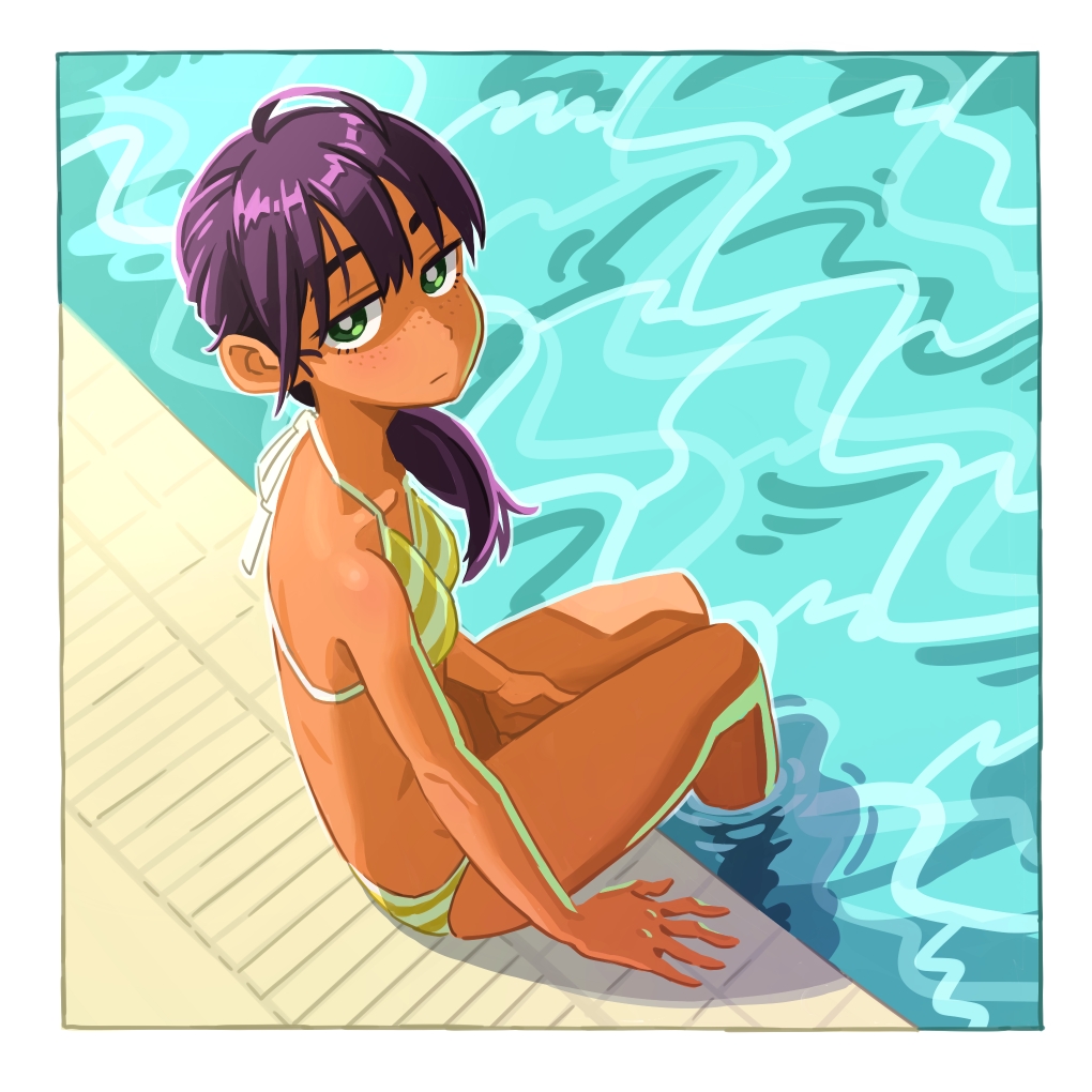 bikini bored bright_pupils dark-skinned_female dark_skin from_above green_eyes half-closed_eyes halterneck jitsusan looking_at_viewer original ponytail pool purple_hair sitting solo striped_bikini striped_clothes swimsuit tan water yellow_bikini