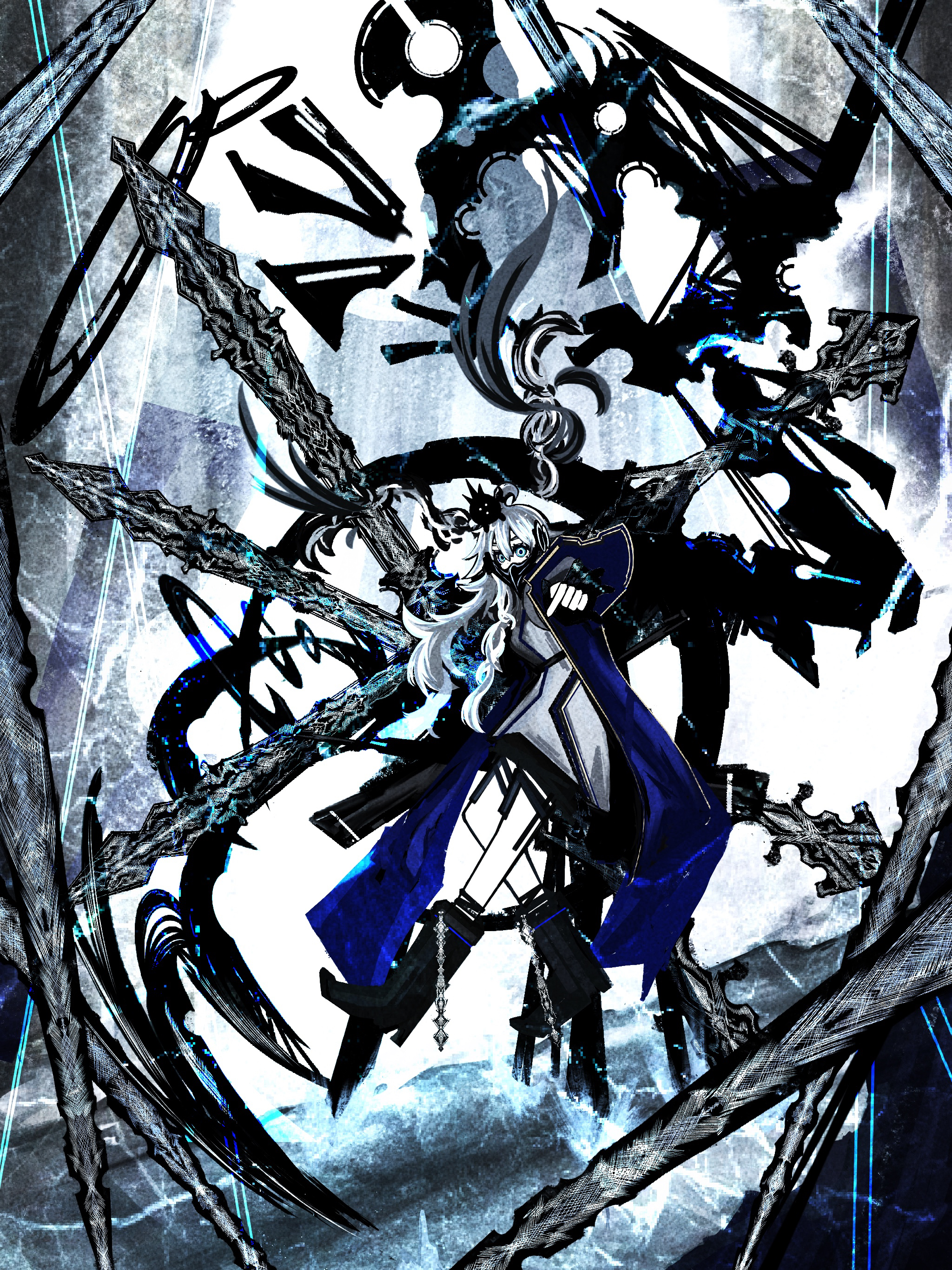 1girl absurdres animal animal_on_head blue_eyes blue_theme boots coat covered_mouth dress floating full_body highres looking_at_viewer on_head original outstretched_arm riz_kira solo wide-eyed