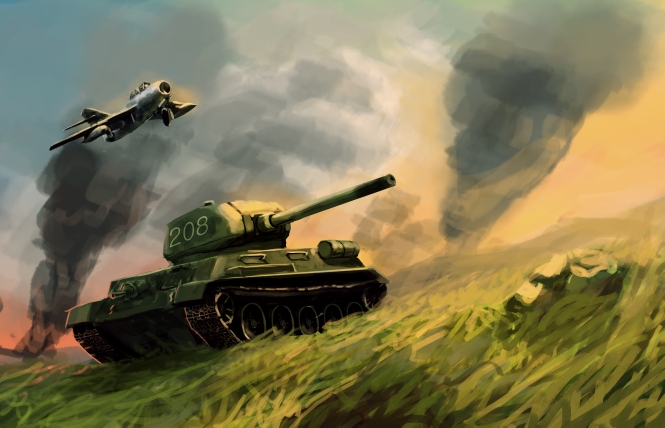aircraft airplane blue_sky caterpillar_tracks commentary day dutch_angle english_commentary flying gradient_sky grass mig-15 mig-15uti military military_vehicle motor_vehicle multicolored_sky no_humans orange_sky original outdoors red_sky sbp0783 sky smoke t-34 tank turret vehicle_focus vehicle_request world_war_ii