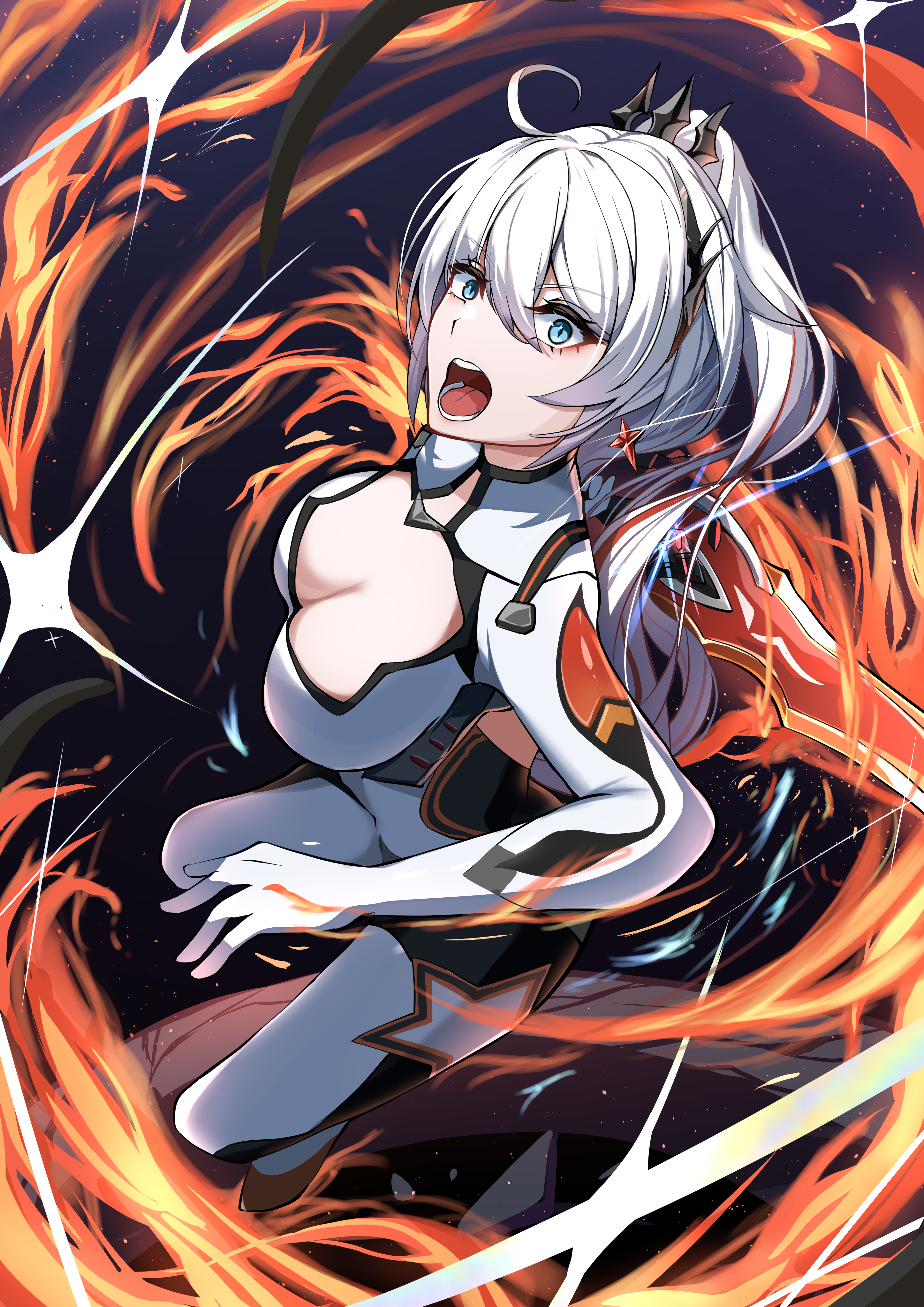 1girl absurdres blue_eyes bodysuit breasts cleavage commentary_request earrings fire hair_ornament highres holding holding_sword holding_weapon honkai_(series) honkai_impact_3rd incoming_attack jewelry kamishiro_noa kiana_kaslana kiana_kaslana_(herrscher_of_flamescion) kiana_kaslana_(white_comet) looking_at_viewer medium_breasts multicolored_hair open_mouth ponytail screaming solo streaked_hair sword weapon white_bodysuit white_hair
