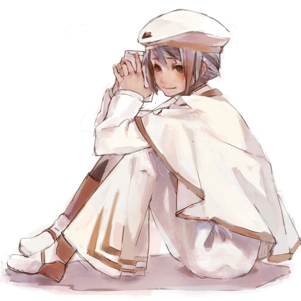 1girl aria_(manga) athena_glory beret blush boots brown_eyes capelet dark-skinned_female dark_skin dress full_body hat holding knees_up long_sleeves looking_at_viewer mmlu_(honwa_karesu) on_ground orange_planet_uniform purple_hair shadow short_hair simple_background sitting sketch smile solo white_background white_boots white_capelet white_dress white_hat