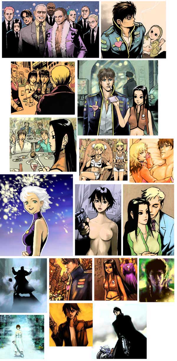 6+boys 6+girls black_hair black_necktie blonde_hair blue_hair breasts brown_hair cigarette collage double_bun dress earrings food fork gun hair_bun hairband handgun hat highres holding holding_gun holding_shovel holding_weapon jacket jewelry motor_vehicle motorcycle multiple_boys multiple_girls navel necktie original pink_hair shovel smile stuffed_animal stuffed_toy takeshi weapon white_dress white_hair