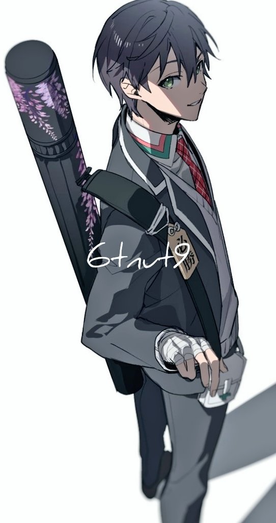 1boy 6tnut9 artist_name bandaged_hand bandages black_jacket black_pants blazer collared_shirt commentary_request first_aid_kit green_eyes grey_sweater hair_between_eyes jacket kenmochi_touya kenmochi_touya_(1st_costume) lapels long_sleeves looking_at_viewer looking_to_the_side male_focus necktie nijisanji omamori open_clothes open_jacket pants parted_lips plaid_clothes plaid_necktie purple_hair red_necktie school_uniform shadow shirt short_hair simple_background smile solo standing sweater virtual_youtuber weapon_bag white_background white_shirt wing_collar