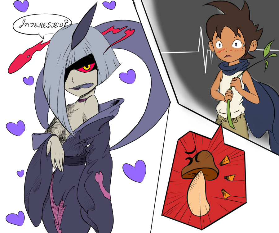 10s 1boy 1girl artist_request blue_hair blue_skin breasts choker colored_sclera colored_skin fukai_(youkai_watch) heart horns keizou mushroom red_sclera single_horn tongue tongue_out undressing yellow_eyes youkai_watch