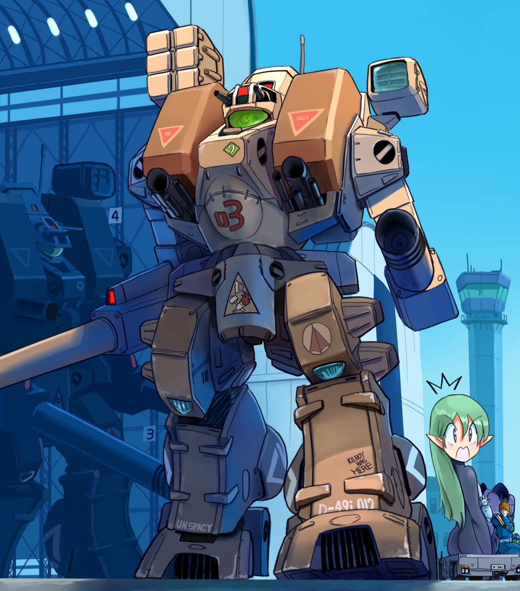 1boy 1girl aiming alien bodysuit cannon chest_cannon choujikuu_yousai_macross commentary_request control_tower destroid energy_gun giant giantess green_hair green_visor gun inui&#039;s_meltran inui_(jt1116) machinery maclone macross mecha mecha_pilot_suit meltrandi missile_pod pilot pointy_ears radio_antenna robot roundel science_fiction sitting sitting_on_lap sitting_on_person surprised tomahawk_(destroid) weapon when_you_see_it zentradi
