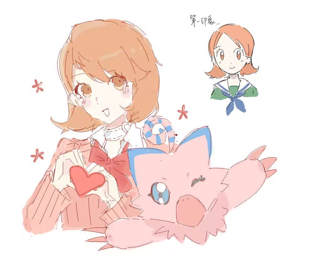 2girls digimon digimon_(creature) happy heart multiple_girls persona persona_3 piyomon school_uniform smile takeba_yukari takenouchi_sora