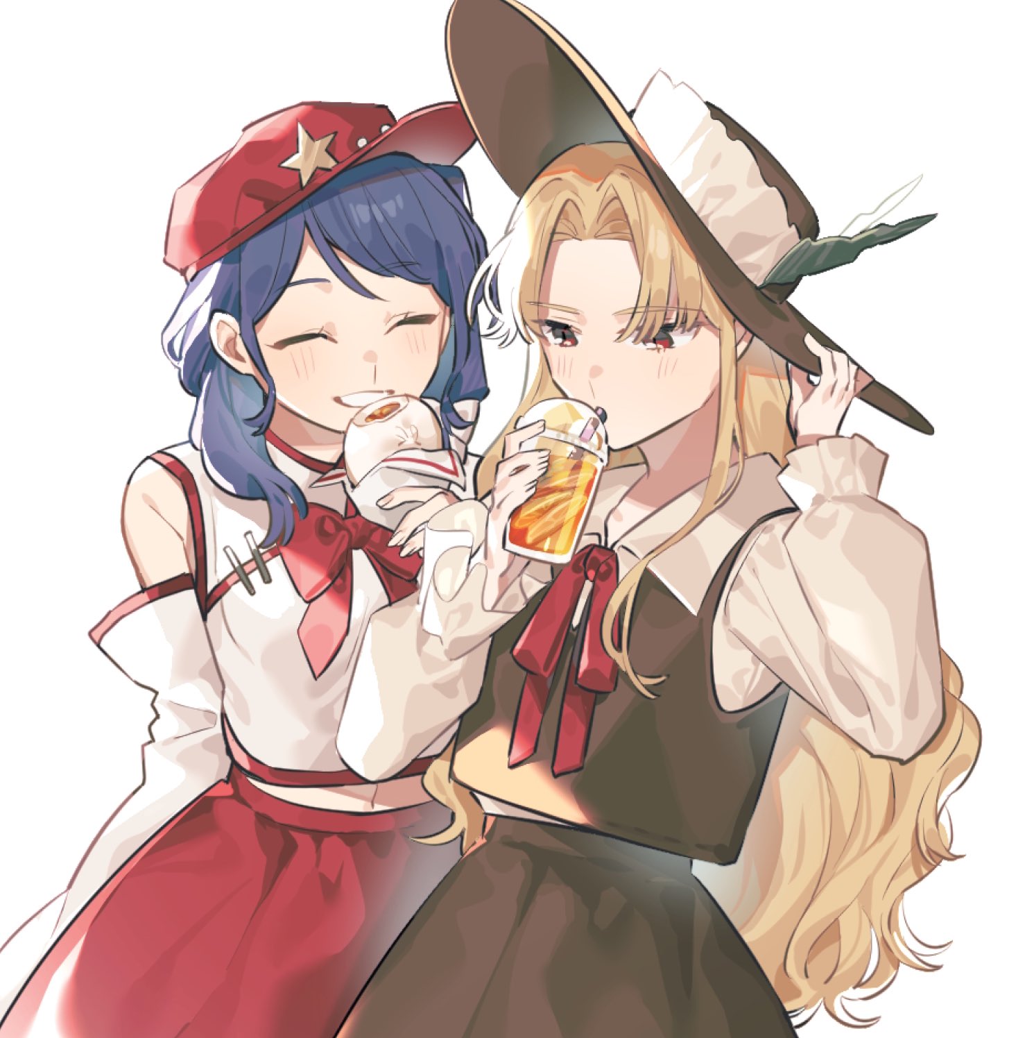 2girls black_hat black_skirt black_vest blonde_hair blue_hair commentary_request cowboy_shot cup detached_sleeves disposable_cup dolls_in_pseudo_paradise drinking drinking_straw food grin hand_on_headwear hat hat_ornament highres holding holding_cup holding_food jacket_girl_(dipp) label_girl_(dipp) laspberry. long_hair long_sleeves multiple_girls neck_ribbon red_hat red_ribbon red_skirt ribbon shirt simple_background skirt sleeveless sleeveless_shirt smile star_(symbol) star_hat_ornament steamed_bun touhou very_long_hair vest white_background white_shirt white_sleeves