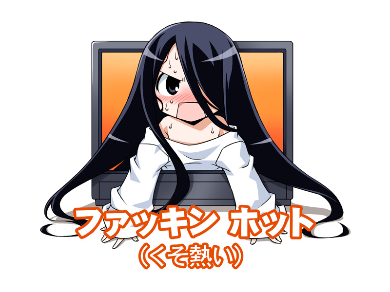 1girl akou_roushi angry bare_shoulders black_hair blush female_focus grey_eyes hair_over_one_eye hot kuso_atsui_(meme) long_hair off_shoulder open_mouth solo sweat television the_ring through_medium through_screen translated utility_pole very_long_hair yamamura_sadako
