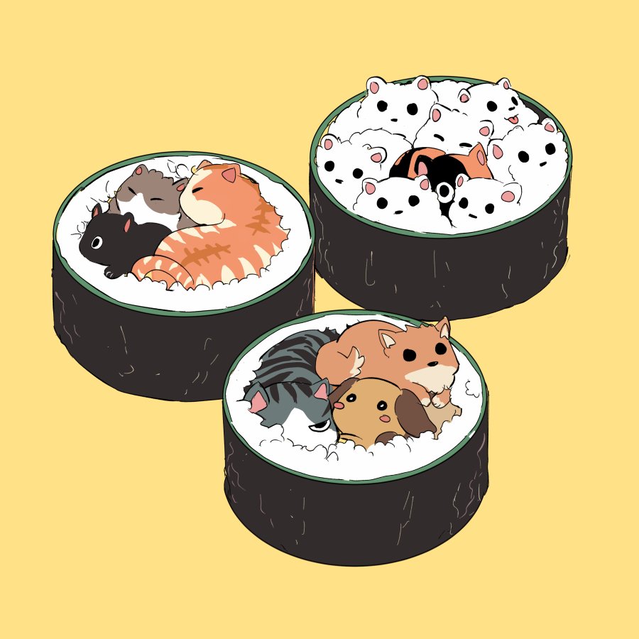 animal_focus black_cat blush_stickers calico_(pattern) cat closed_eyes commentary dog english_commentary food food_focus gunkanmaki in_food looking_at_viewer mimi_n no_humans one_eye_covered original rice simple_background sleeping sushi yellow_background