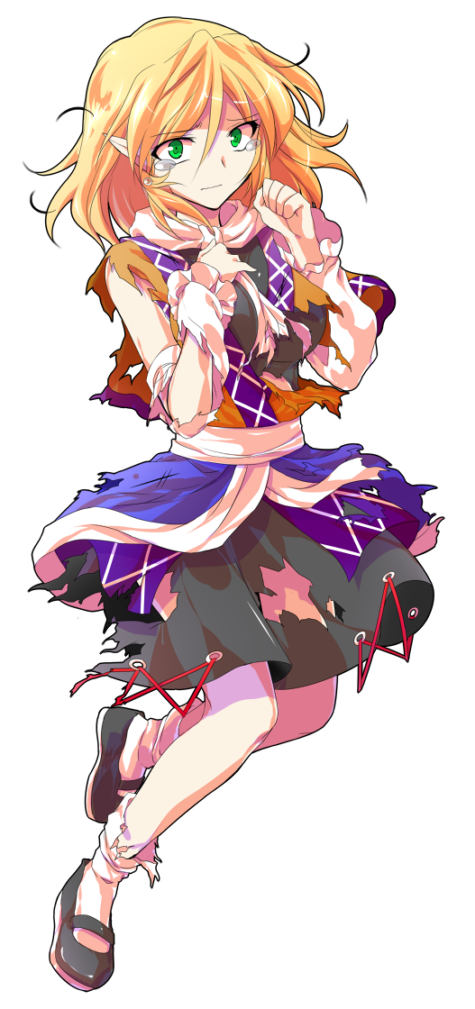 1girl alphes_(style) black_shoes black_skirt blonde_hair breasts brown_shirt commentary_request dairi defeat detached_sleeves frilled_sleeves frills full_body hands_up large_breasts large_variant_set medium_hair mizuhashi_parsee parody scarf shirt shoes skirt socks solo style_parody tachi-e torn_clothes touhou transparent_background variant_set white_scarf white_sleeves white_socks