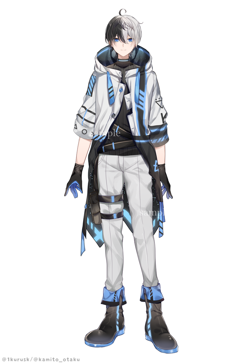 1boy ahoge black_boots black_gloves black_hair black_shirt blue_eyes blue_gloves boots closed_mouth commentary_request full_body gloves grey_hair grey_pants hair_between_eyes highres indie_virtual_youtuber jacket kamito_(vtuber) long_sleeves mafuyu_(chibi21) male_focus multicolored_hair official_art pants ribbed_shirt sample_watermark shirt simple_background smile solo standing twitter_username two-tone_hair virtual_youtuber watermark white_background white_jacket