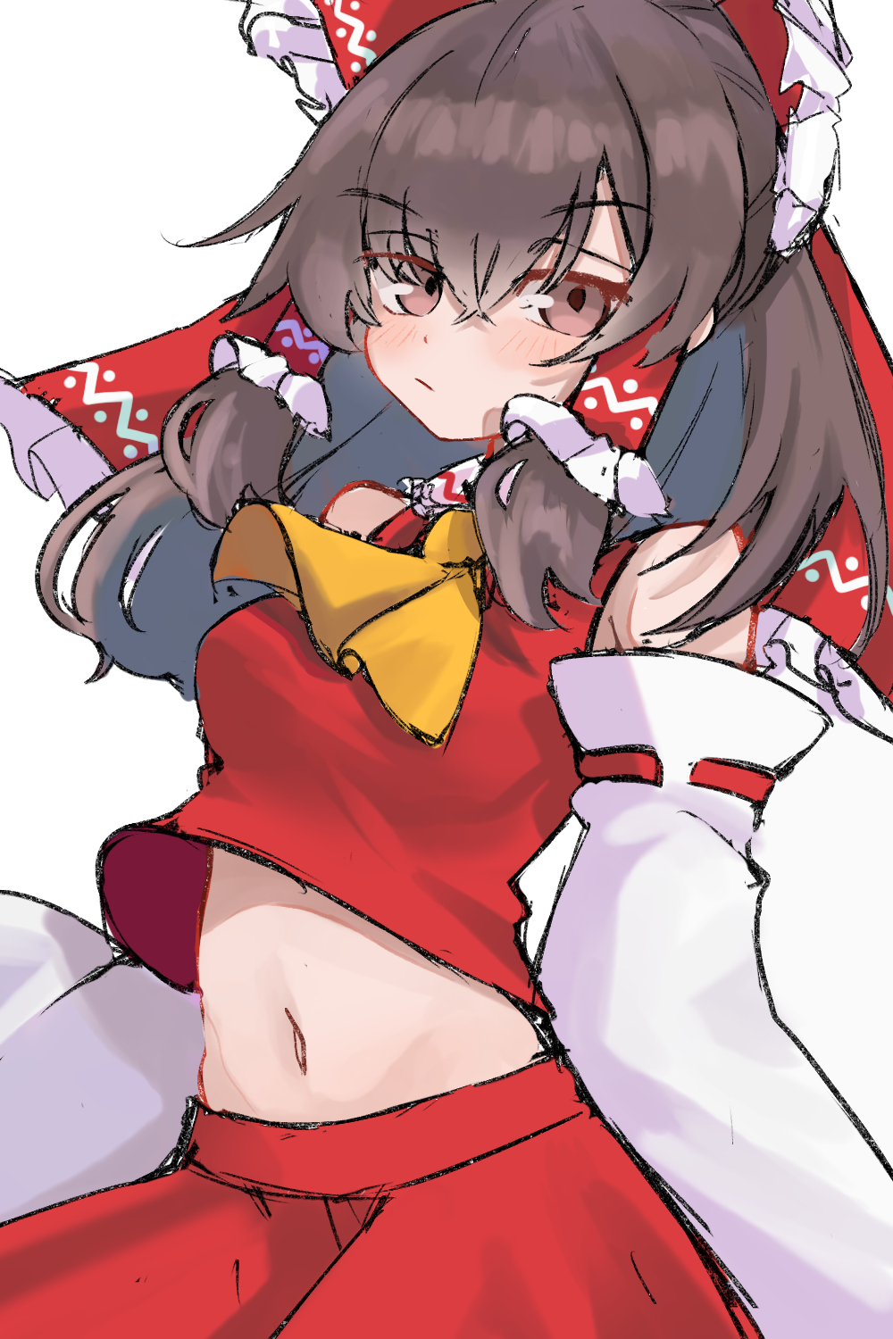 1girl :/ ascot bare_shoulders bow breasts brown_eyes brown_hair closed_mouth commentary_request detached_sleeves frilled_bow frilled_hair_tubes frills hair_bow hair_tubes hakurei_reimu highres long_sleeves looking_at_viewer medium_hair midriff navel red_bow red_shirt red_skirt shirt simple_background skirt small_breasts stomach touhou white_background white_sleeves wide_sleeves yellow_ascot yuuka_(a0240765)