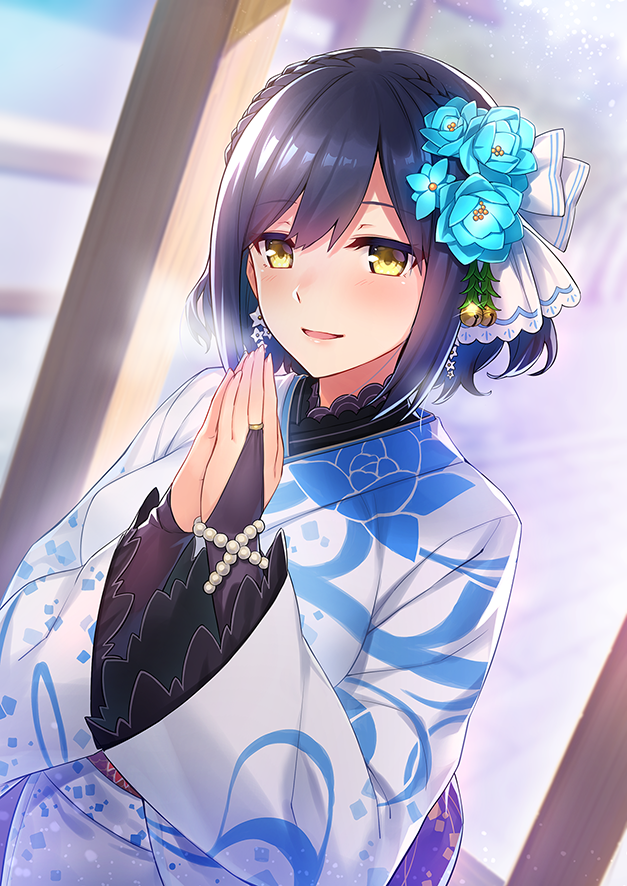 1girl bell blue_flower blue_hair blue_kimono blush breasts bridal_gauntlets dutch_angle earrings flower hair_bell hair_between_eyes hair_flower hair_ornament hair_ribbon japanese_clothes jewelry jingle_bell kimono large_breasts looking_at_viewer nijisanji open_mouth own_hands_clasped own_hands_together parted_lips praying ribbon shizuka_rin short_hair shrine smile solo virtual_youtuber white_kimono yanagi_(tsukiakari) yellow_eyes