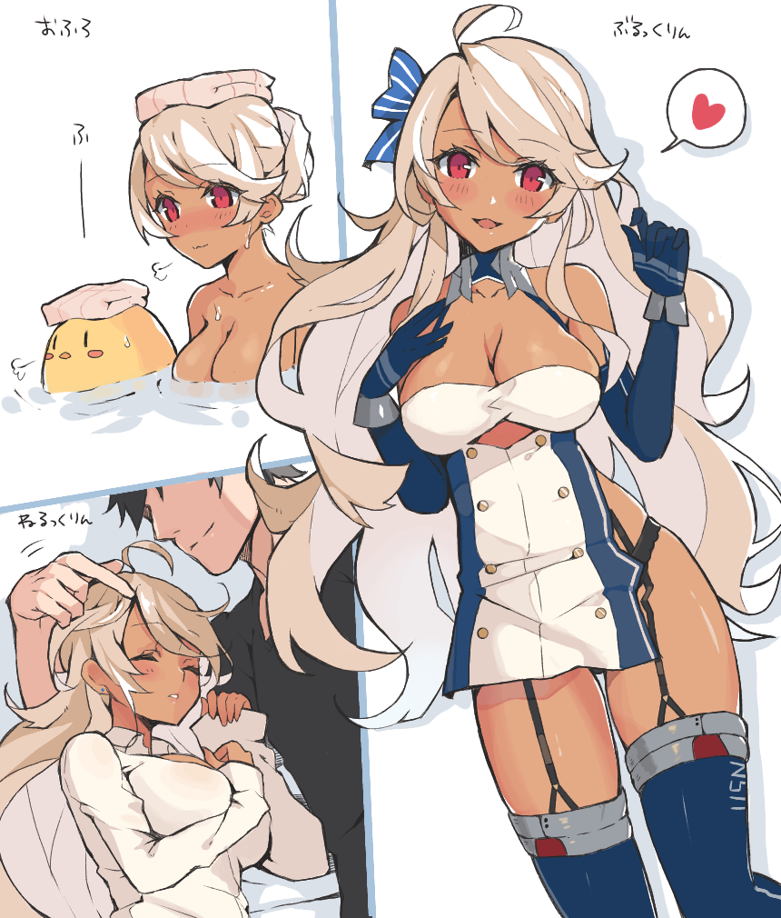 1boy 1girl ahoge azur_lane bad_id bad_pixiv_id bare_shoulders bathing black_gloves blonde_hair blush bow breasts brooklyn_(azur_lane) cleavage commander_(azur_lane) dark-skinned_female dark_skin elbow_gloves gloves hamuhamu_hamuo heart large_breasts long_hair looking_at_viewer manjuu_(azur_lane) naked_shirt red_eyes shirt sleeping spoken_heart thighhighs very_long_hair wavy_hair
