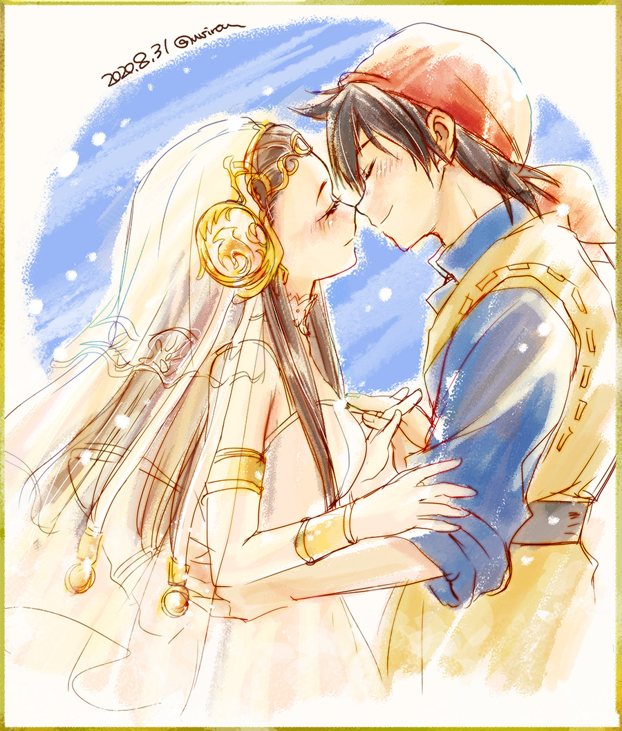 1boy 1girl armlet bandana bangs_pinned_back belt black_hair blush border breasts bridal_veil bride brown_hair choker circlet closed_eyes closed_mouth commentary_request couple cowboy_shot dated dragon_quest dragon_quest_viii dress from_side gold_armlet hero_(dq8) hetero holding_hands husband_and_wife imminent_kiss interlocked_fingers jewelry lace lace_choker long_hair long_sleeves medea_(dq8) medium_breasts partial_commentary profile red_bandana short_hair sleeves_pushed_up smile tunic twitter_username urihara84 veil wedding wedding_dress yellow_tunic
