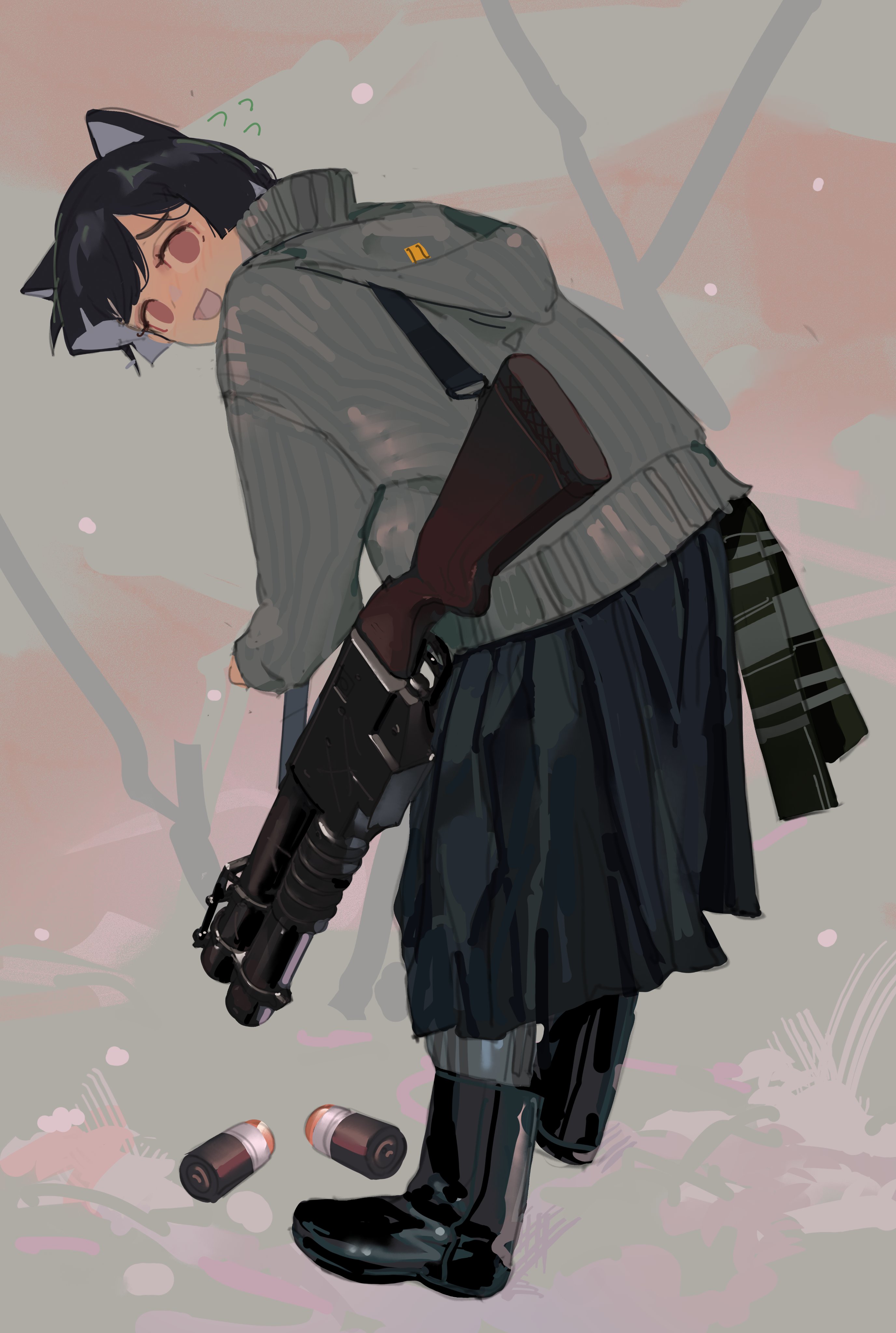 1girl 40x46_lv_hedp_m433 40x46mm_lv absurdres animal_ears anti-materiel_cartridge black_boots black_hair black_skirt boots china_lake_grenade_launcher commentary commission english_commentary explosive flying_sweatdrops fragmentation_grenade from_behind grenade grenade_cartridge grenade_launcher grey_jacket high-explosive_cartridge high-explosive_dual-purpose_cartridge high-low_system highres hood hood_down hooded_jacket jacket leaning_forward long_sleeves looking_at_viewer looking_back original pleated_skirt polilla prototype_design pump-action_grenade_launcher short_hair skirt solo weapon