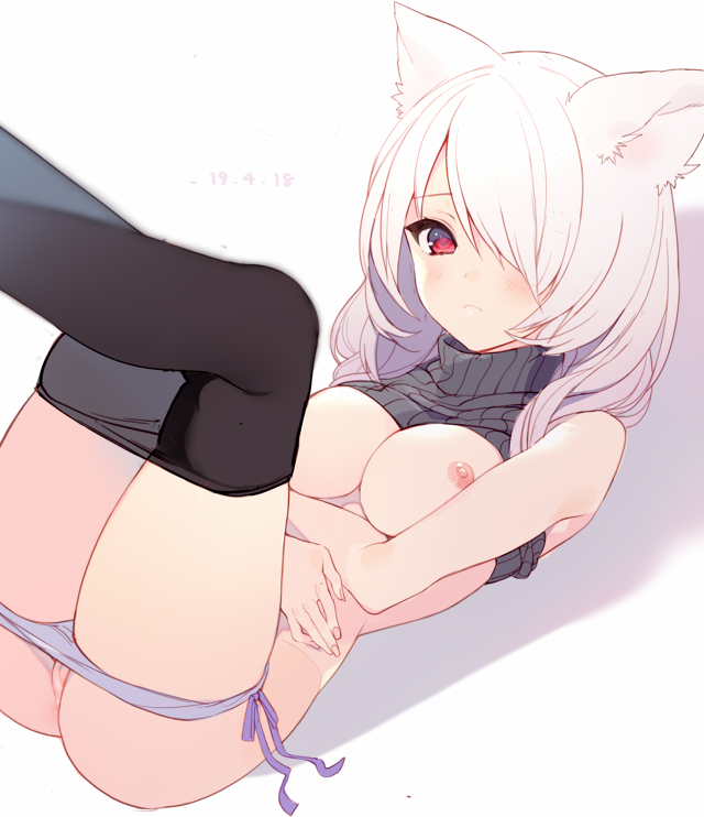 1girl animal_ear_fluff animal_ears arms_under_breasts ass bare_arms black_pantyhose blush bow bow_panties breasts breasts_out cat_ears cat_girl closed_mouth clothes_lift clothes_pull covering_stomach dated eyelashes feet_out_of_frame female_focus fingernails grey_sweater hair_over_one_eye legs_together legs_up long_hair looking_at_viewer lying medium_breasts nipples no_bra on_back original p_(p25234112) panties panty_pull pantyhose pantyhose_pull parted_bangs pussy pussy_peek red_eyes ribbed_sweater simple_background sleeveless sleeveless_turtleneck solo sweater sweater_lift translation_request tsurime turtleneck turtleneck_sweater uncensored underwear white_background white_hair white_panties