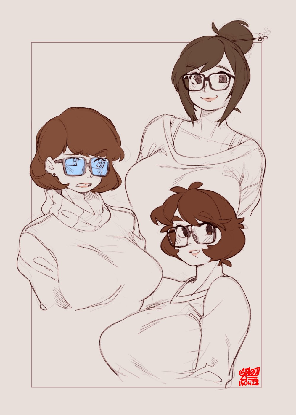 3girls artist_name breasts brown_eyes brown_hair collarbone dated earrings glasses grey_background hair_behind_ear hair_bun hair_ornament hair_stick highres jewelry large_breasts looking_at_viewer looking_to_the_side mei_(overwatch) multiple_girls original overwatch parted_lips scooby-doo short_hair single_hair_bun sketch smile snowcie snowciel_(snowcie) sweater turtleneck turtleneck_sweater velma_dinkley