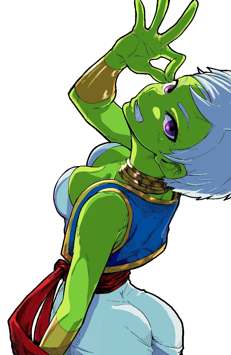 1girl arabian_clothes ass bare_shoulders blue_vest bokkusu bracer breasts bulma bulma_(cosplay) cheelai cleavage clenched_teeth colored_skin cosplay curvy dragon_ball dragon_ball_super dragon_ball_super_broly female_focus from_above from_behind green_skin grin harem_pants impossible_clothes jewelry looking_at_viewer looking_back looking_up medium_breasts neck neck_ring ok_sign pants purple_eyes sash short_hair simple_background smile solo teeth vambraces vest white_background white_hair white_pants