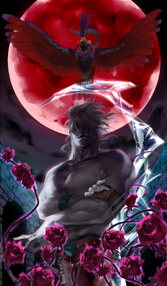 1boy bad_id bad_pixiv_id bird dio_brando falcon flower jojo_no_kimyou_na_bouken male_focus moon pet_shop plant red_flower red_moon red_rose rose taburakashi topless_male vines