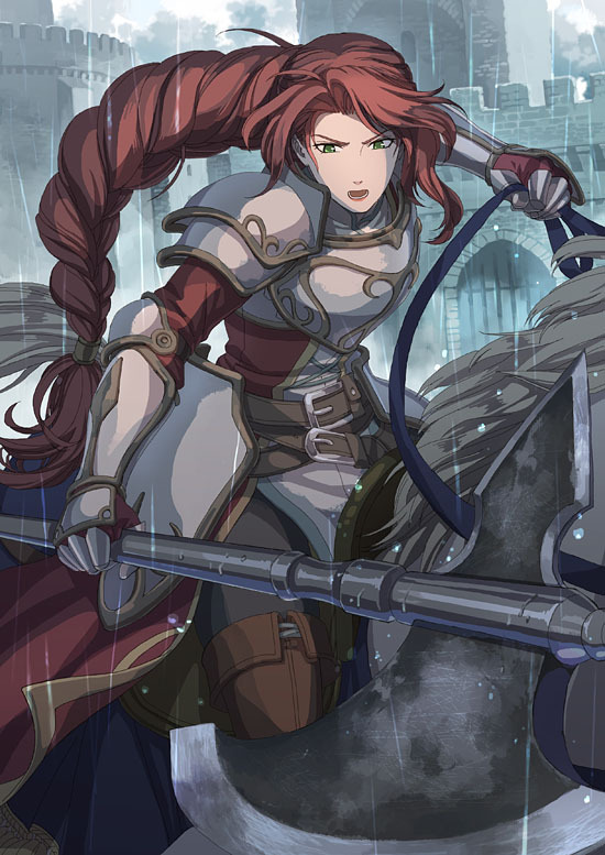 1girl armor axe battle_axe braid commentary donta30303 fire_emblem fire_emblem:_path_of_radiance green_eyes holding holding_axe holding_weapon horse horseback_riding long_hair low-tied_long_hair nintendo rain red_hair riding solo titania_(fire_emblem) weapon