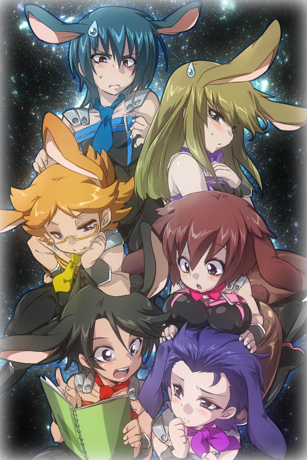 10s 1girl 3boys asagi_toshikazu bad_id bad_pixiv_id blue_hair bodysuit breasts brown_eyes brown_hair covered_erect_nipples glasses highres hitachi_izuru irie_tamaki kugimiya_kei kuroki_ange large_breasts majestic_prince mochiko_(x-game) multiple_boys red_eyes suruga_ataru