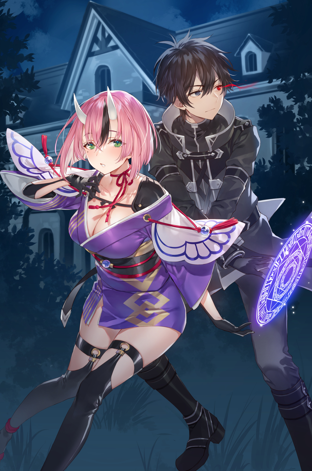 1boy 1girl ars_(munou_to_iware_tsuzuketa_madoushi) black_coat black_eyes black_hair boots breasts cleavage coat cover cover_page eye_trail gloves green_eyes highres horns house kimono_dress knee_boots light_trail magic_circle magic_circle_floating_ahead_hand mmu mole mole_under_eye multicolored_hair munou_to_iware_tsuzuketa_madoushi_jitsu_wa_sekai_saikyou_nanoni_yuuhei_sareteita_node_jikaku_nashi night novel_cover obi official_art parted_lips pink_hair red_eyes sash short_hair shoulder_pads skin-covered_horns standing streaked_hair thighs tree zion_(munou_to_iware_tsuzuketa_madoushi)