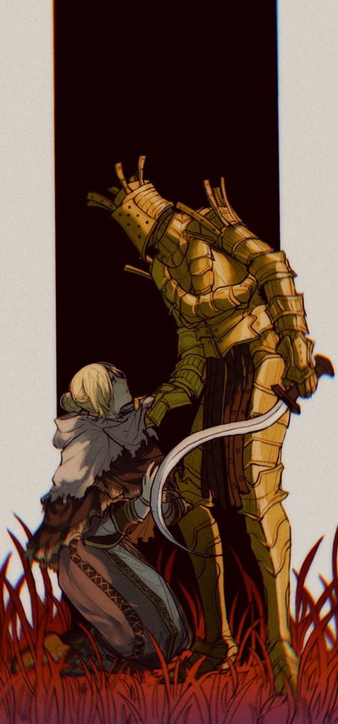 1boy 1girl anastacia_of_astora armor black_background blonde_hair border cape closed_mouth commentary dark_souls_(series) dark_souls_i dress english_commentary full_armor full_body gold_armor grass grey_border grey_cape grey_dress hair_bun holding holding_sword holding_weapon kneeling knight_lautrec_of_carim looking_at_another medium_hair own_hands_together standing sword tworain_w weapon