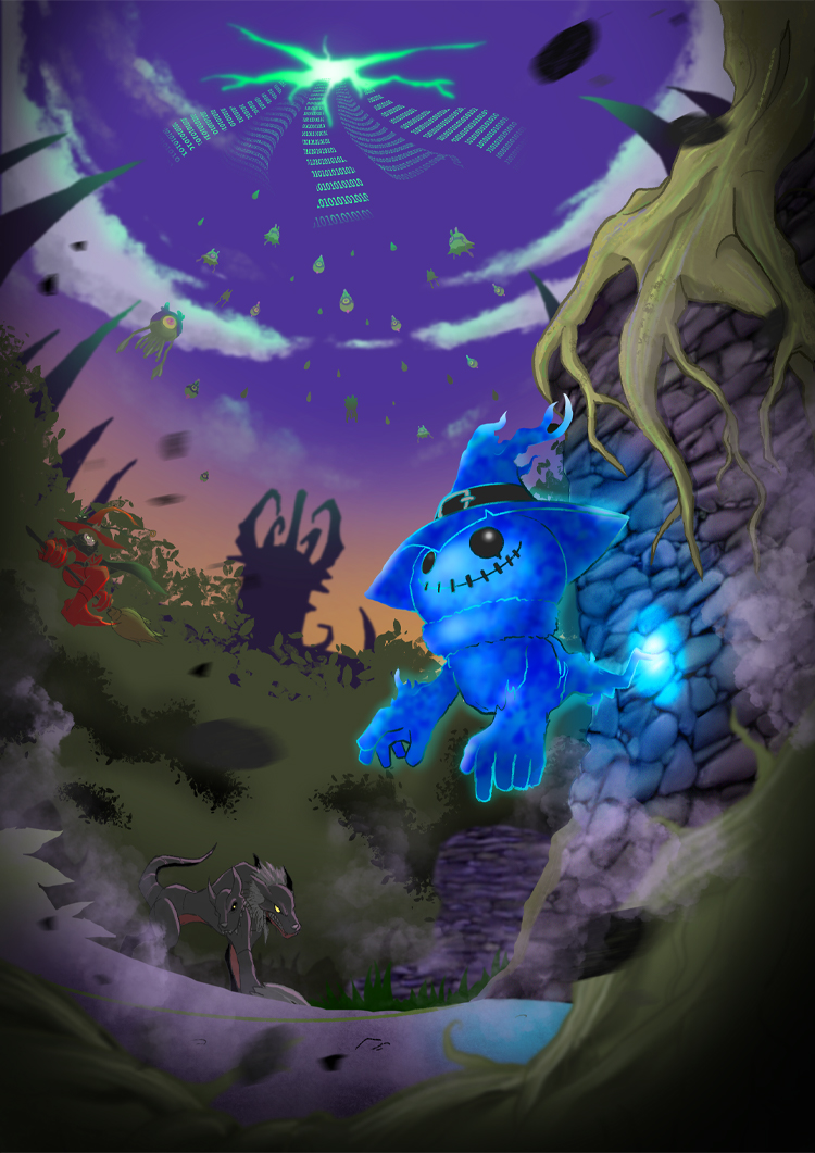 algomon algomon_baby_i algomon_baby_ii algomon_child antennae belt cerberumon cloud digimon digimon_(creature) floating ghostmon hat monster multicolored_eyes official_art red_eyes sky smile spikes tentacles tree witchmon yellow_eyes