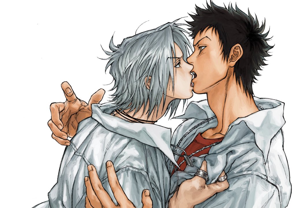 2boys black_hair brown_eyes clothes_grab collared_shirt commentary eye_contact gokudera_hayato hair_behind_ear hover_hand imminent_kiss jewelry katekyo_hitman_reborn! layered_clothes looking_at_another male_focus medium_hair multiple_boys multiple_rings necklace open_mouth profile red_shirt ring shirt short_hair simple_background t-shirt teeth umkaqryi upper_teeth_only white_background white_hair white_shirt yamamoto_takeshi yaoi
