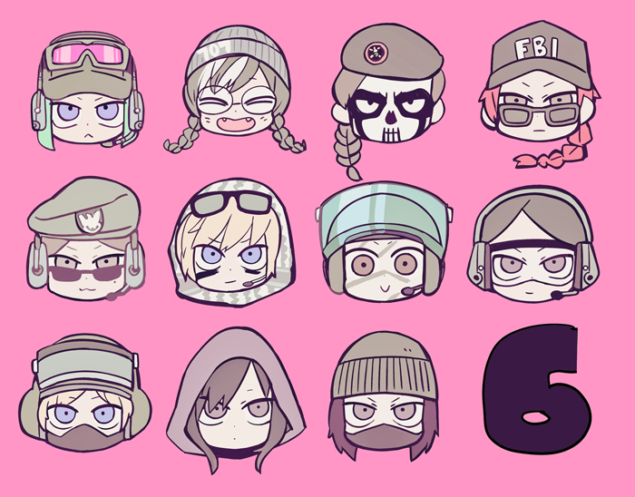 6+girls :&lt; :3 :o baseball_cap beanie beret black_mask blonde_hair blue_eyes blush_stickers braid brown-framed_eyewear brown_hair brown_hat cabbit character_request closed_eyes closed_mouth commentary_request copyright_request expressionless eyewear_on_head facepaint fangs frown glasses goggles goggles_on_headwear green_hair green_hat green_headphones green_hood grey-framed_eyewear grey_hat grey_headphones grey_hood hat head_only headphones_over_headwear headpiece light_smile long_hair low_twin_braids marking_on_cheek mask military_hat mole mole_under_eye mouth_mask multicolored_hair multiple_girls open_mouth pink-tinted_eyewear pink_background purple_eyes red_hair round_eyewear short_hair simple_background single_braid smile straight-on streaked_hair sunglasses terada_tera tinted_eyewear twin_braids v-shaped_eyebrows white_hair white_hood