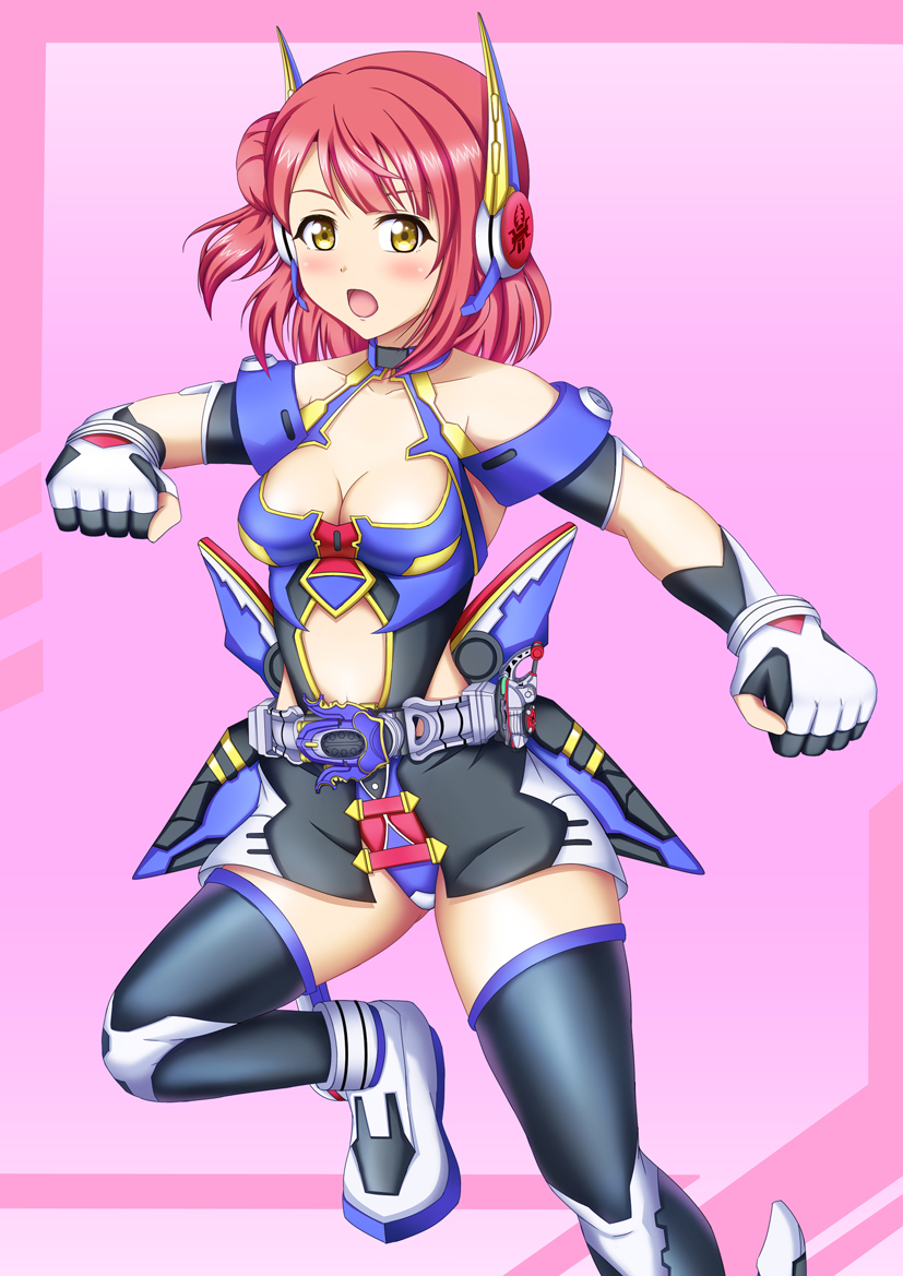 1girl armor armored_dress artist_name bare_shoulders black_shorts black_thighhighs blue_leotard blush braid braided_bun breasts cleavage collarbone dress female_focus gatack_zecter gedooman gloves green_eyes hair_bun headset hyper_zector kamen_rider kamen_rider_gatack kamen_rider_kabuto_(series) leotard looking_at_viewer love_live! love_live!_nijigasaki_high_school_idol_club medium_breasts orange_hair parted_lips red_hair shoes short_hair shorts side_bun single_hair_bun smile solo thighhighs uehara_ayumu white_gloves white_shoes yellow_eyes