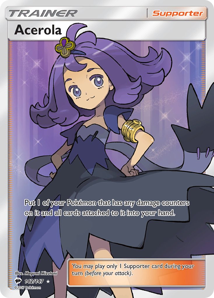 1girl :3 acerola_(pokemon) artist_name black_dress character_name closed_mouth copyright_name copyright_notice dress english_text gold_armlet hands_on_own_hips medium_hair mizutani_megumi nintendo official_art pokemon pokemon_card pokemon_sm pokemon_tcg purple_eyes purple_hair smile solo standing third-party_source trading_card
