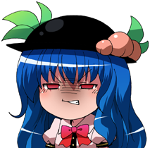 1girl angry bad_source black_hat blue_hair bow bowtie clenched_teeth commentary_request fruit_hat_ornament hat hinanawi_tenshi long_hair lowres maso_(ascii_art) no_nose peach_hat_ornament puffy_short_sleeves puffy_sleeves red_bow red_bowtie red_eyes short_sleeves simple_background solo teeth touhou upper_body v-shaped_eyebrows white_background yukkuri_shiteitte_ne