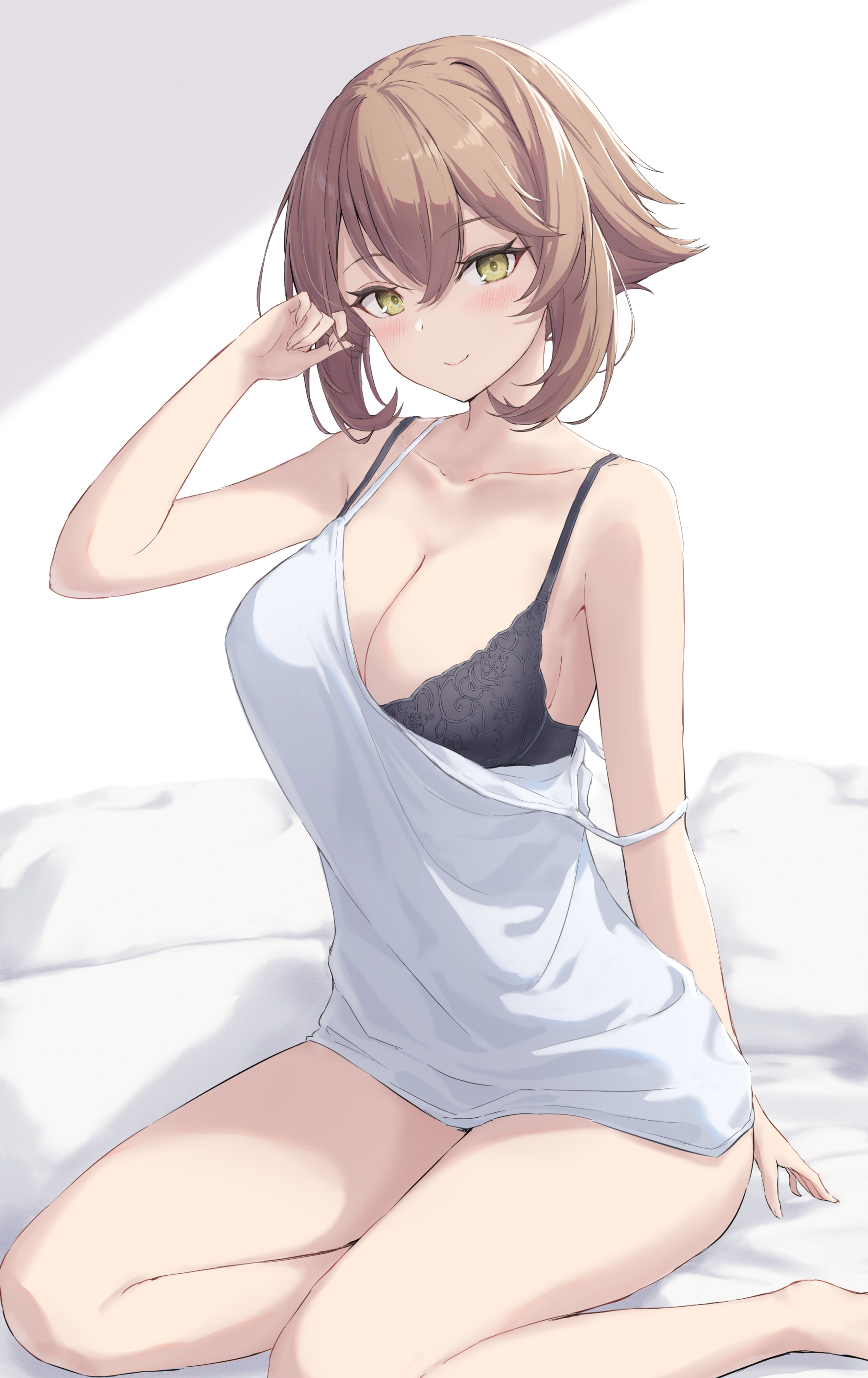 1girl absurdres alternate_costume black_bra bra breasts brown_hair camisole flipped_hair green_eyes highres kantai_collection large_breasts looking_at_viewer monoku mutsu_(kancolle) short_hair sitting smile solo underwear white_camisole yokozuwari