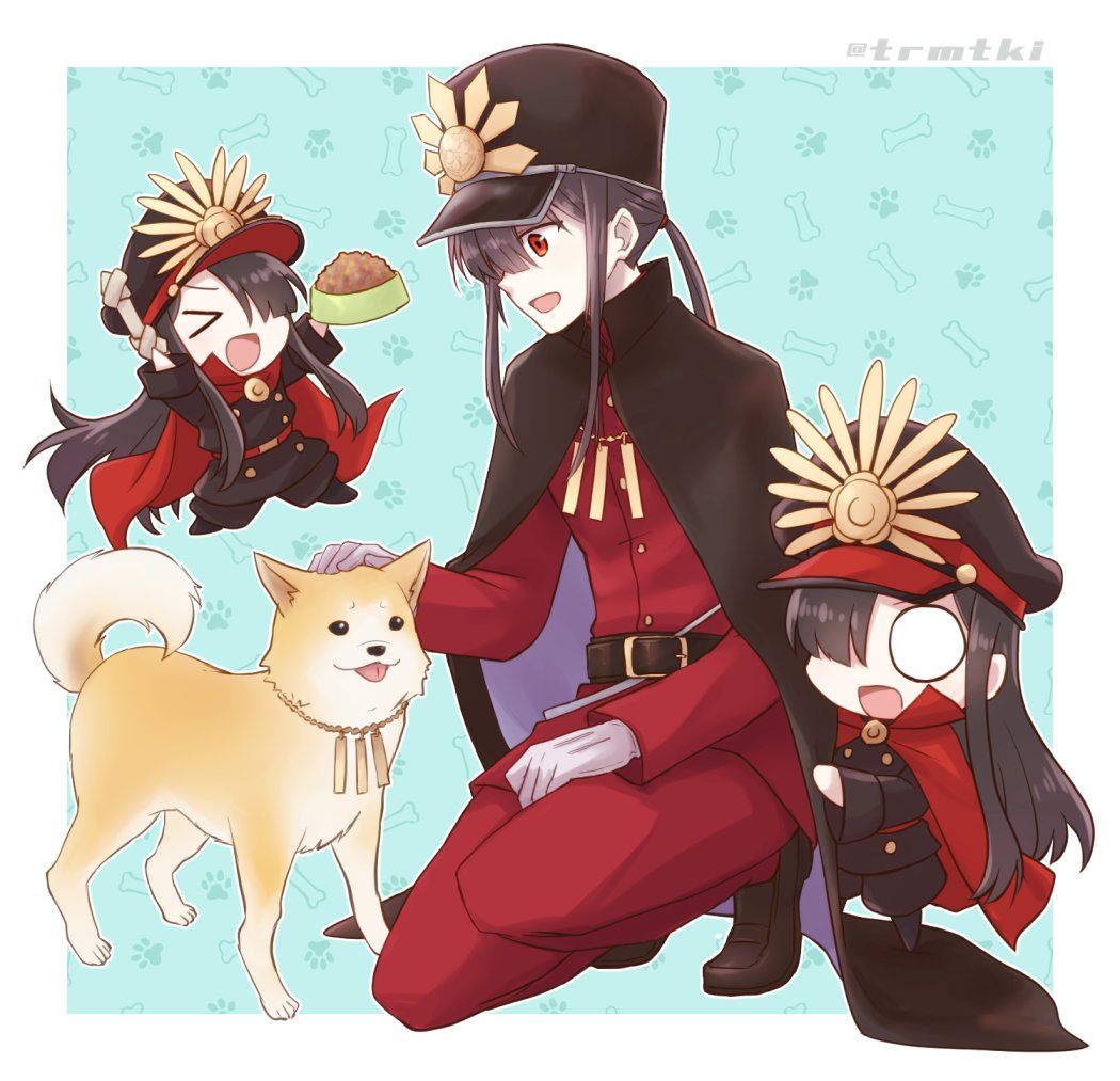 &gt;_&lt; 1boy :d :p belt black_cape black_footwear black_hair black_hat black_jacket black_pants blank_eyes blue_background bone bone_print border bowl brown_belt brown_footwear cape center-flap_bangs collared_cape crest family_crest fate/grand_order fate_(series) fiery_hair full_body gloves grey_gloves hair_between_eyes hand_on_lap hat headpat holding holding_bone jacket jodhpurs keikenchi_(style) kepi kneeling koha-ace loafers long_hair long_sleeves looking_at_animal low_ponytail male_focus medallion military_hat military_jacket military_uniform mini_nobu_(fate) oda_nobukatsu_(fate) oda_nobunaga_(fate) oda_uri one_eye_covered open_mouth outside_border pants patterned_background patting paw_print paw_print_background peaked_cap pet_bowl pet_food ponytail popped_collar red_eyes red_jacket red_pants shiba_inu shoes sidelocks smile teramoto_kei tongue tongue_out twitter_username very_long_hair white_border