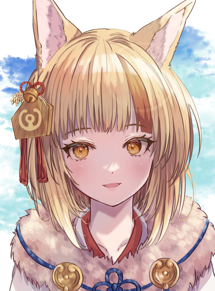 1girl animal_ears blonde_hair commentary_request fire_emblem fire_emblem_fates fire_emblem_heroes fox_ears fox_girl fur_trim fuussu_(21-kazin) hair_ornament japanese_clothes looking_at_viewer multicolored_hair nintendo official_alternate_costume open_mouth red_hair selkie_(fire_emblem) selkie_(new_year)_(fire_emblem) short_hair smile solo streaked_hair two-tone_hair upper_body yellow_eyes