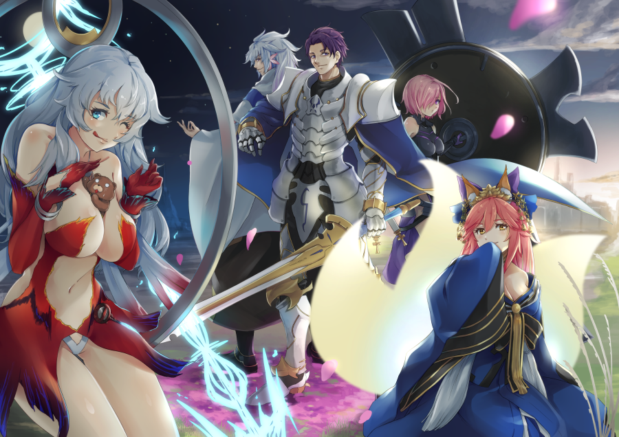 10s 2boys 3girls ;q animal_ears armor armored_dress artemis_(fate) artemis_(third_ascension)_(fate) bare_shoulders bear bell between_breasts black_armor blue_cape blue_eyes blue_kimono bracelet breasts cape cherry_blossoms cleavage closed_mouth cloud collar collarbone commentary_request cross detached_sleeves dress elbow_gloves fate/extra fate/grand_order fate_(series) fox_ears fox_tail gloves grass hair_between_eyes hair_ornament hair_over_one_eye hair_ribbon hair_stick hand_to_own_mouth hand_up hands_up holding holding_shield holding_sword holding_weapon japanese_clothes jewelry kimono lancelot_(fate/grand_order) large_breasts latin_cross light_purple_hair long_hair looking_at_viewer looking_away looking_back mash_kyrielight mash_kyrielight_(demi-servant) medium_breasts merlin_(fate/stay_night) motion_blur multiple_boys multiple_girls multiple_tails nakaga_eri navel neck_bell o_o off_shoulder official_alternate_costume one_eye_closed orion_(bear)_(fate) petals pink_hair purple_eyes purple_hair red_dress red_gloves revealing_clothes ribbon robe shield shiny_skin short_hair sky sleeves_past_wrists smile standing star_(sky) starry_sky strapless strapless_dress sweatdrop sword tail tamamo_(fate) tamamo_no_mae_(fate) tamamo_no_mae_(third_ascension)_(fate) tongue tongue_out twilight weapon white_hair white_robe wide_sleeves yellow_eyes